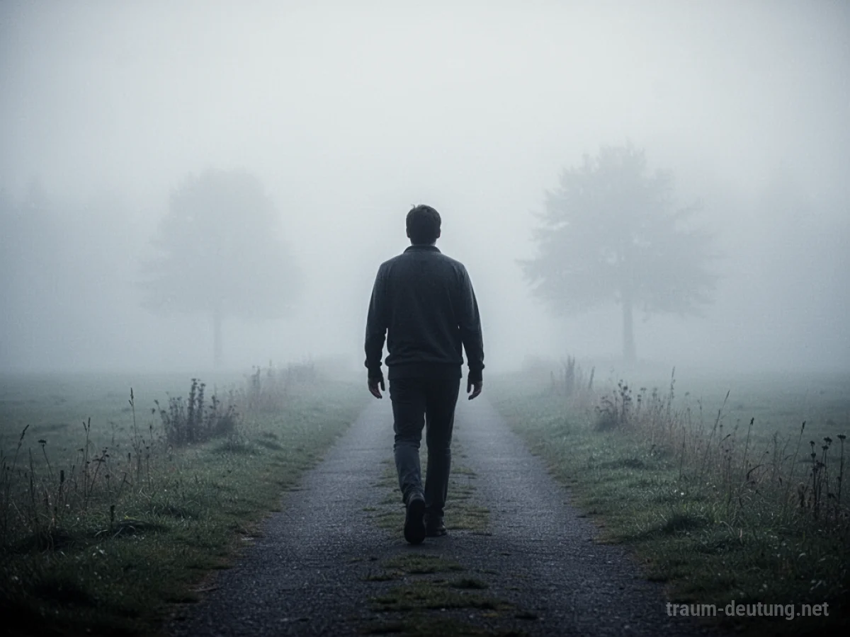 Eine Person geht rückwärts auf einem Pfad, der im Nebel verschwindet.
