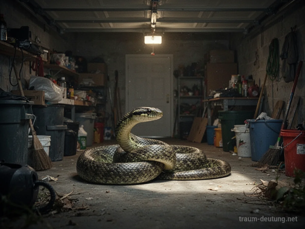 Schlange in einer dunklen Garage, teilweise versteckt.