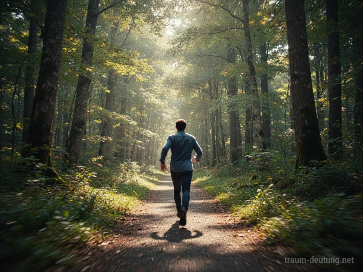Eine Person geht schnell auf einem Weg durch einen sonnigen Wald.