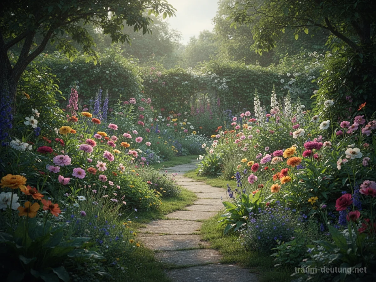 Ein üppiger, sonnenbeschienener Garten mit blühenden Blumen und grünen Pflanzen.