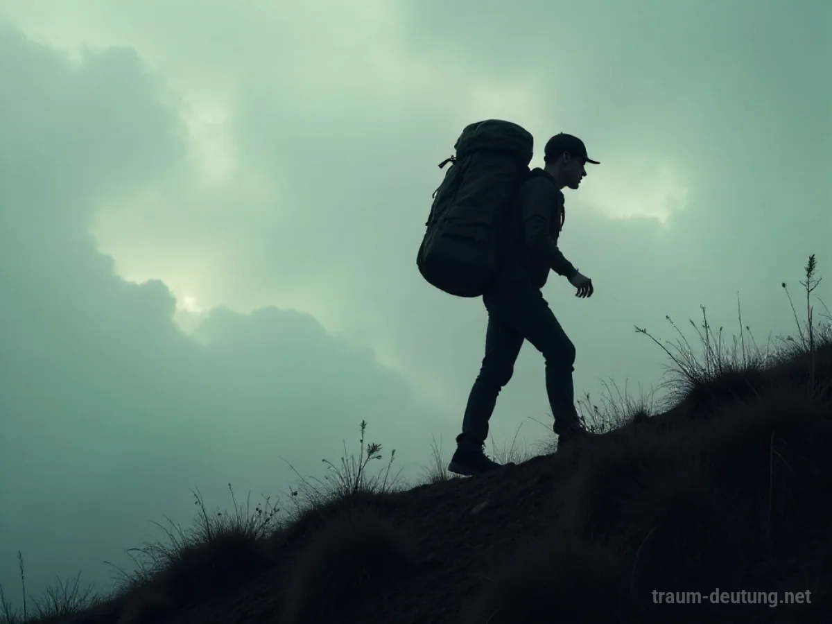 Silhouette einer Person, die einen schweren Rucksack einen Hügel hinauf schleppt.