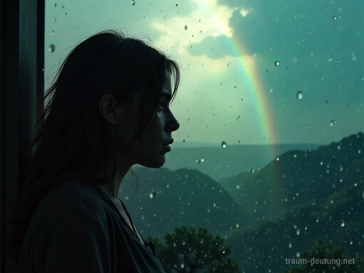 Silhouette einer weinenden Person im Regen mit Regenbogen am Horizont