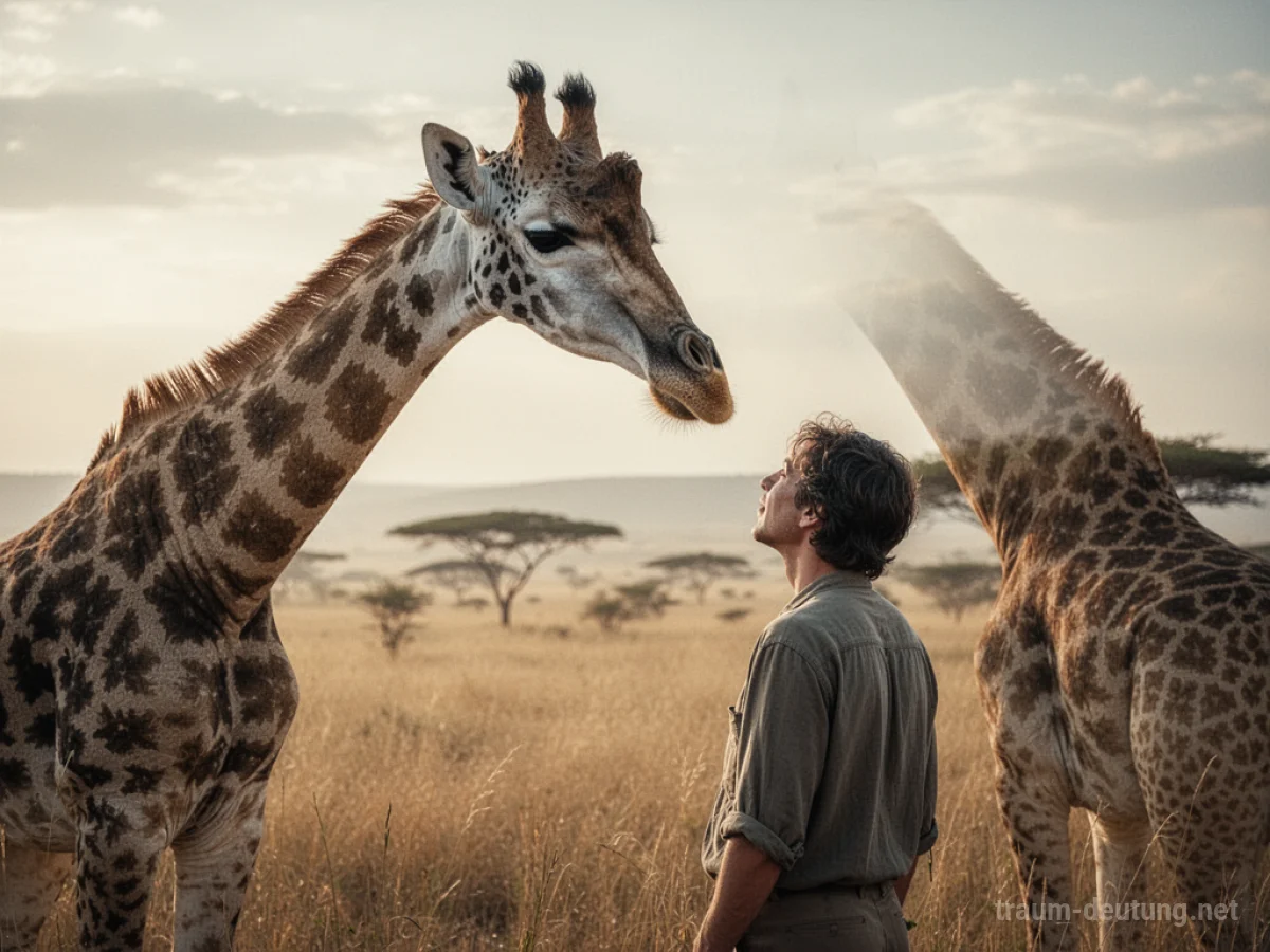 Eine große Giraffe spricht zu einer Person in einer sonnigen Savanne.