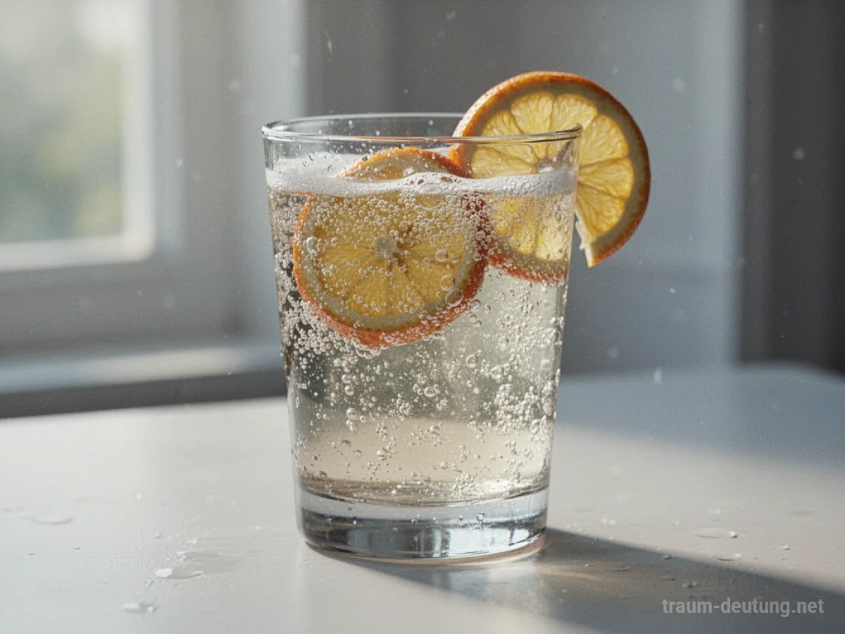 Ein Glas mit sprudelndem Getränk auf einer hellen Oberfläche