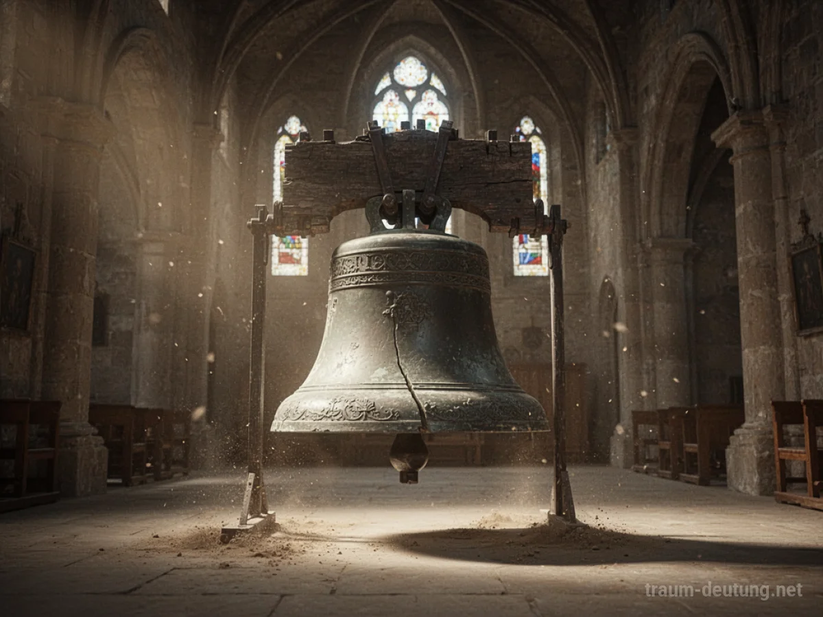 Eine stille, große Glocke in einer dunklen, leeren Kirche.
