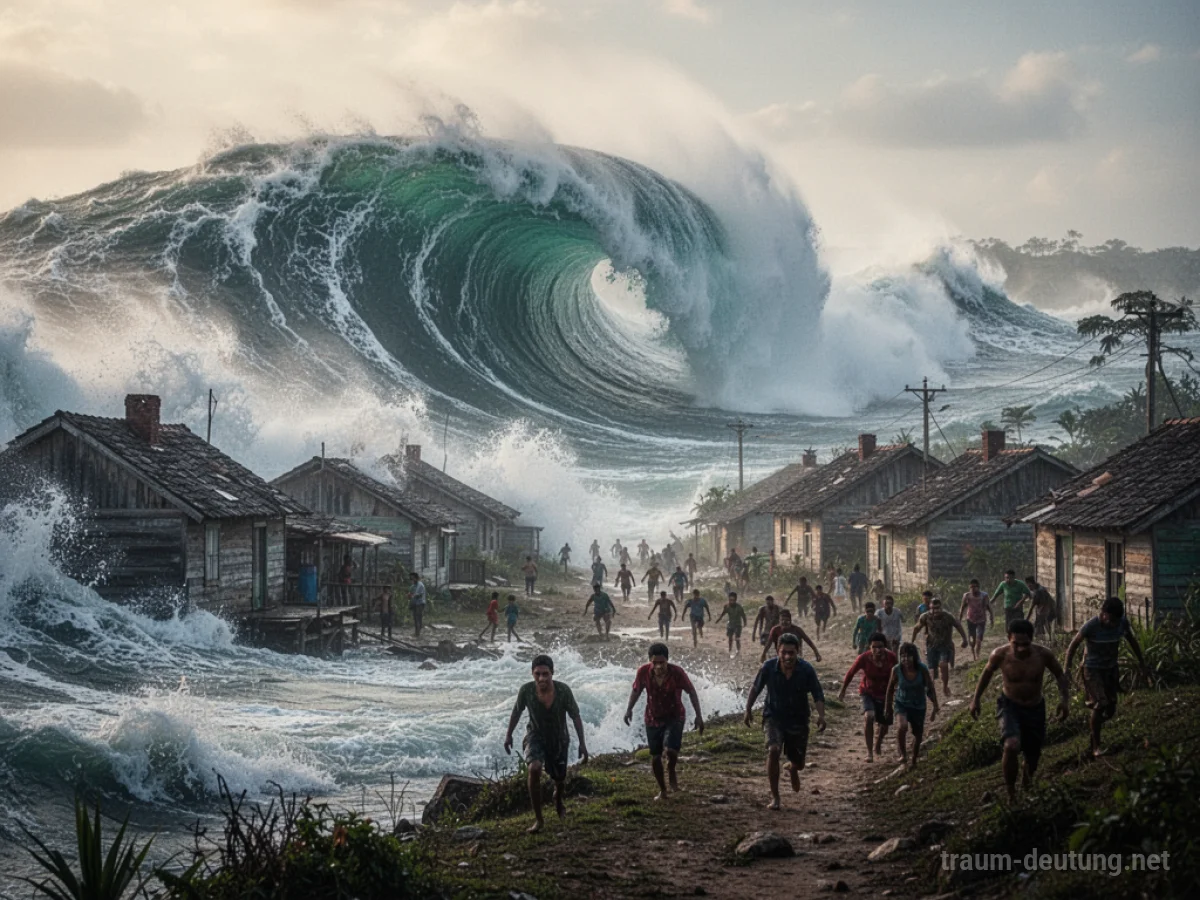 Eine riesige Welle bricht über ein Dorf herein, Menschen fliehen auf höher gelegenes Land.