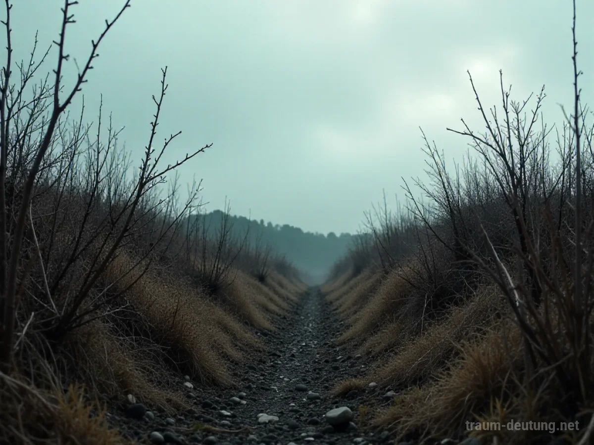 Ein verwelkter Garten mit trockener Erde und toten Pflanzen unter grauen Wolken.