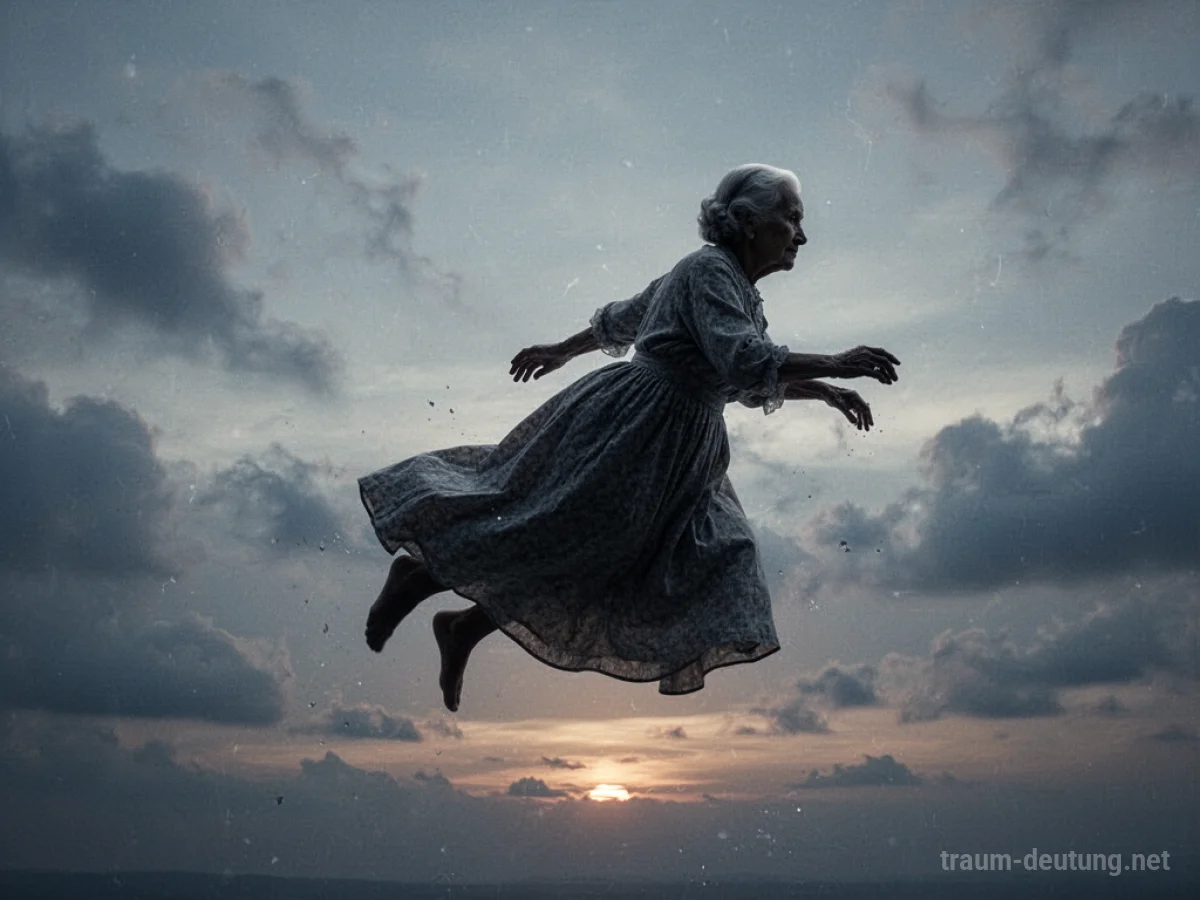 Silhouette einer alten Frau, die sanft durch Wolken fällt