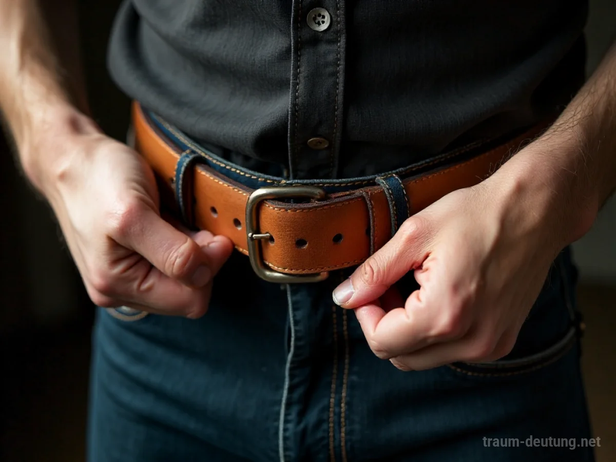 Hände schließen einen Ledergürtel um die Taille.