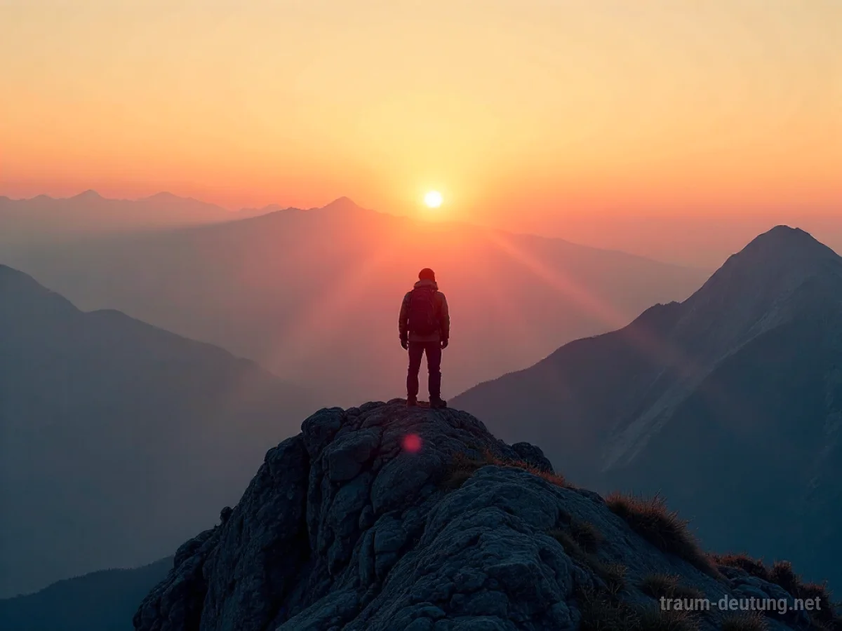 Wanderer steht auf einem Berggipfel und blickt in die Ferne bei Sonnenaufgang.