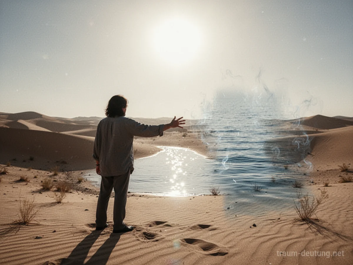 Eine Person in der Wüste greift nach einer Fata Morgana von Wasser.