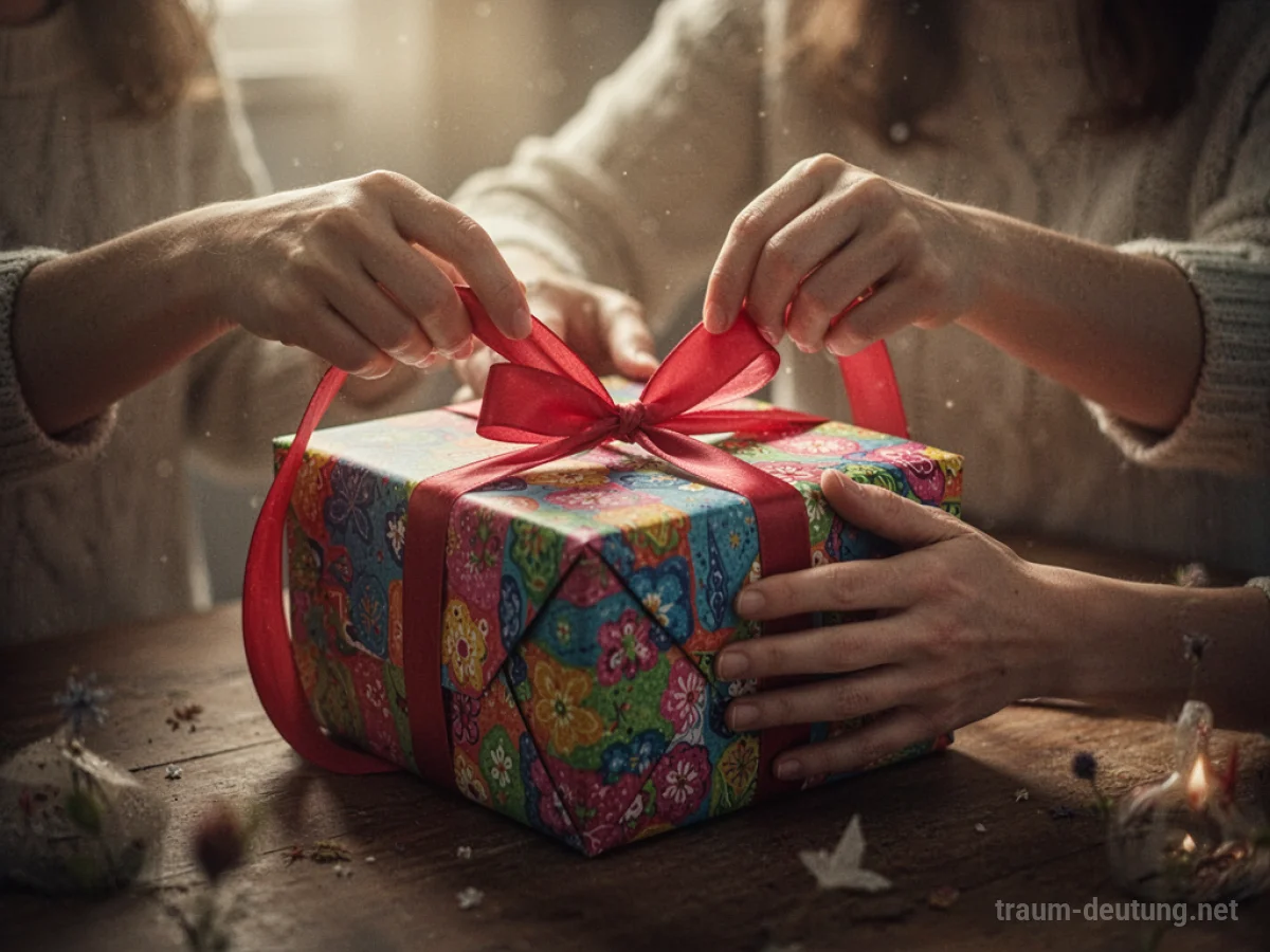 Hände verpacken ein buntes Geschenk mit Schleife.