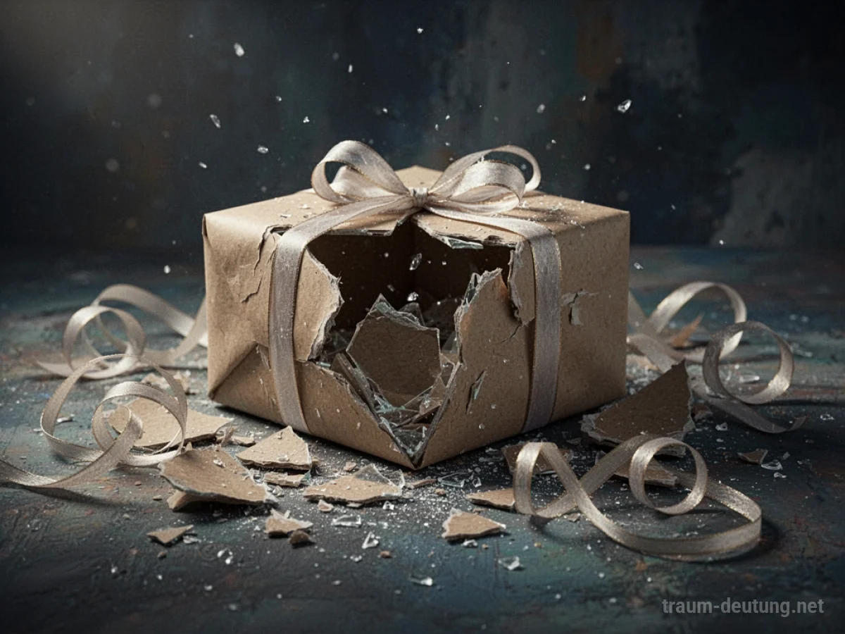 Ein zerbrochenes Geschenk mit zerrissenem Papier und verstreuten Bändern.