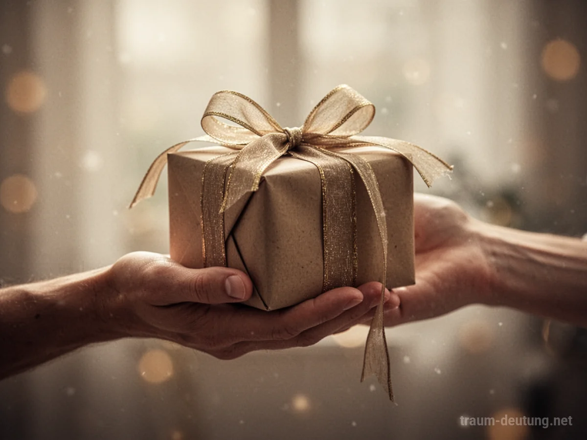 Hand reicht ein Geschenk mit Schleife