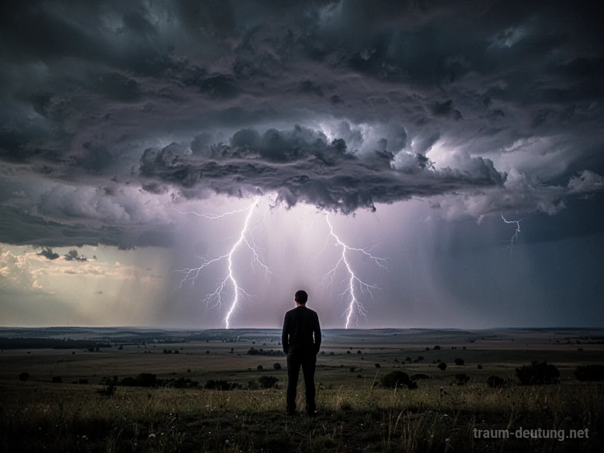 Eine Person beobachtet ein fernes Gewitter am Horizont.