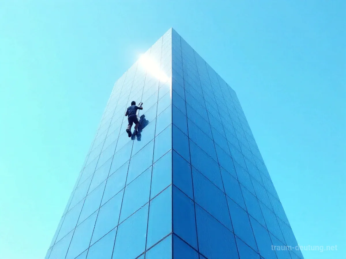 Eine Person erklimmt ein sehr hohes Gebäude unter klarem Himmel.