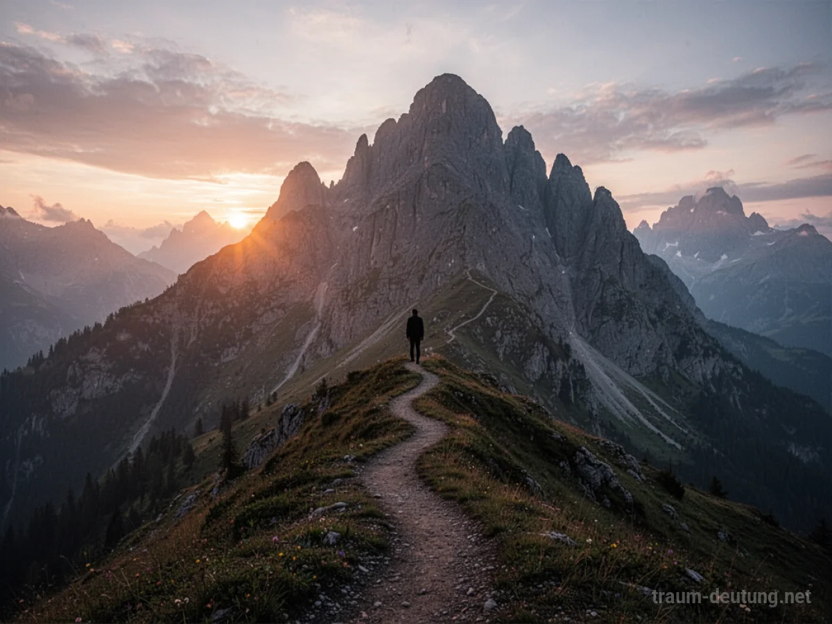 Eine Person erklimmt einen steilen Bergpfad unter einem weiten Himmel.