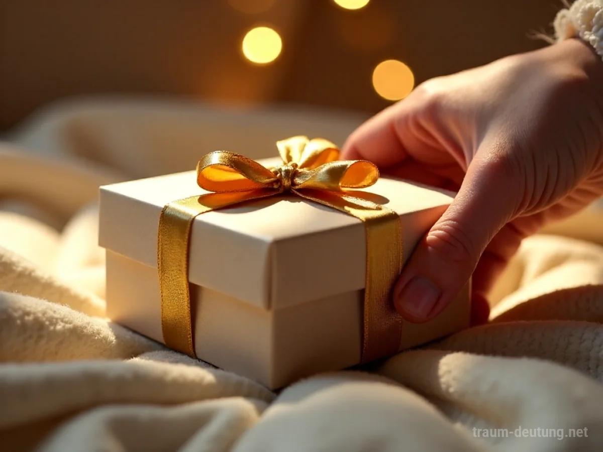 Eine Hand legt ein verpacktes Geschenk auf eine Oberfläche.