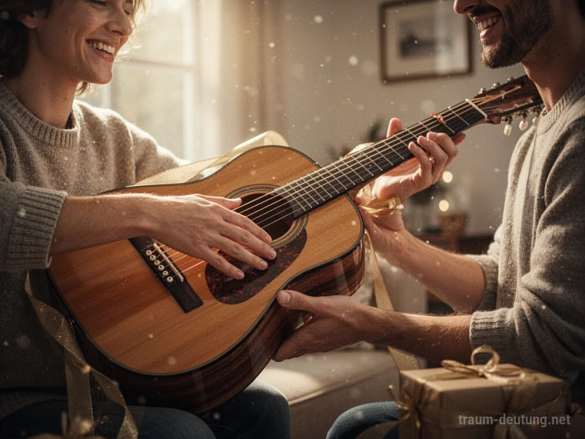 Hand erhält eine Akustikgitarre als Geschenk