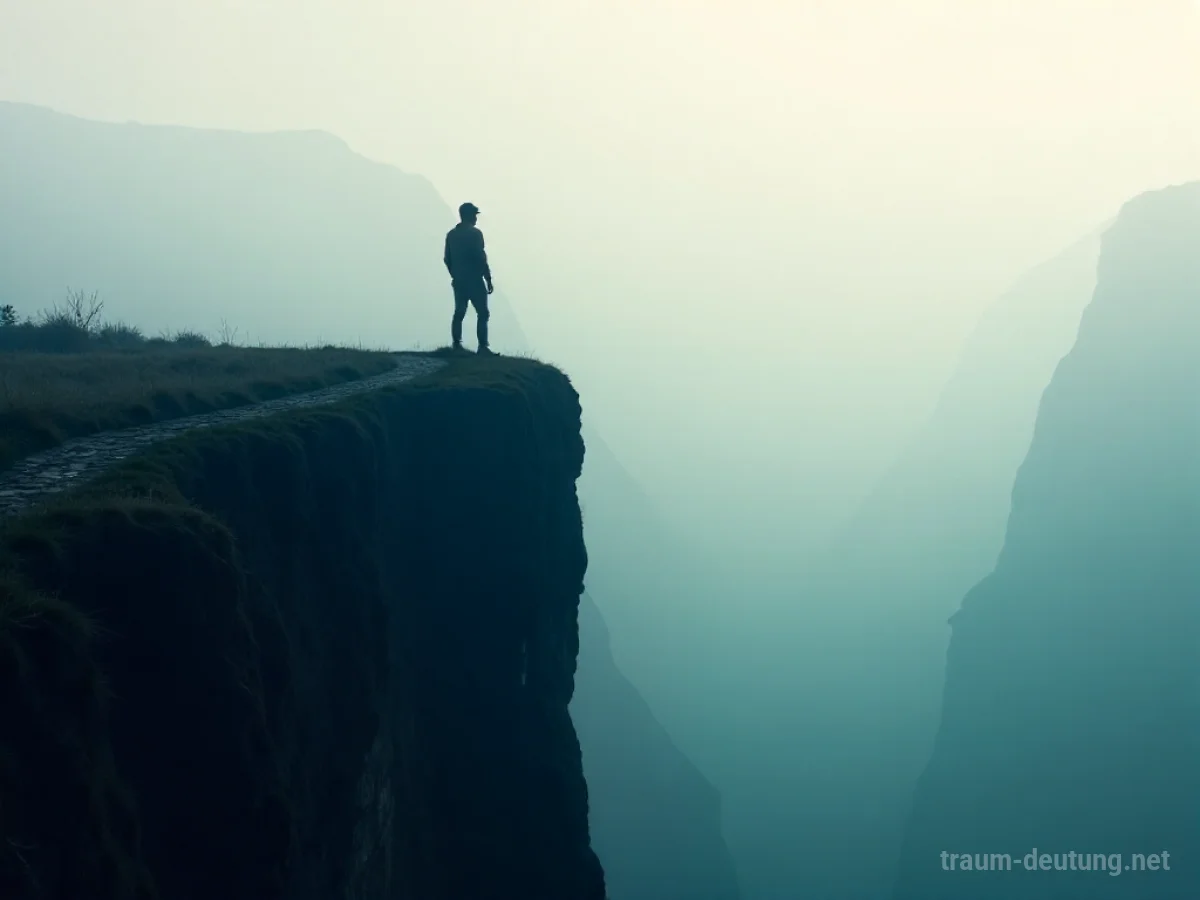 Silhouette einer Person am Rand einer Klippe mit Blick auf eine neblige Landschaft.