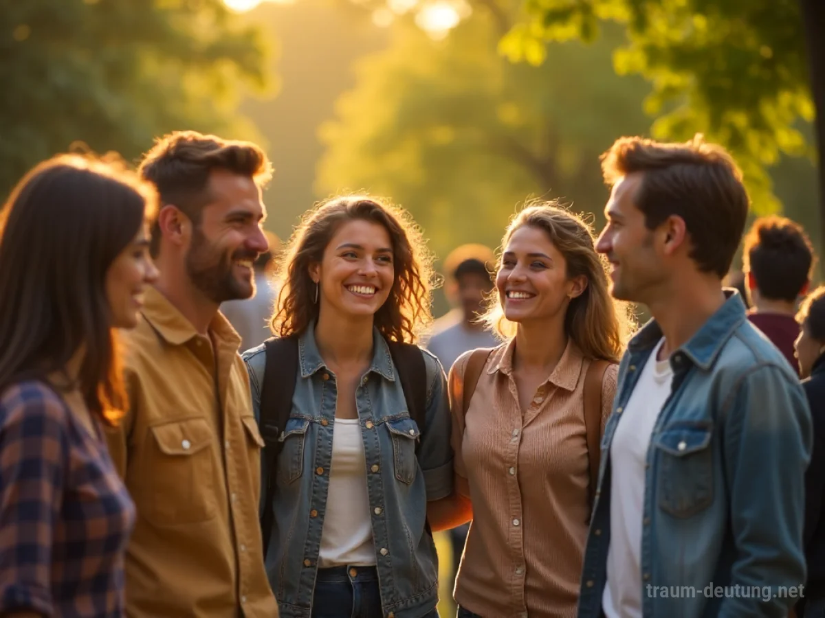 Gruppe von Freunden trifft sich lachend in einem sonnigen Park.