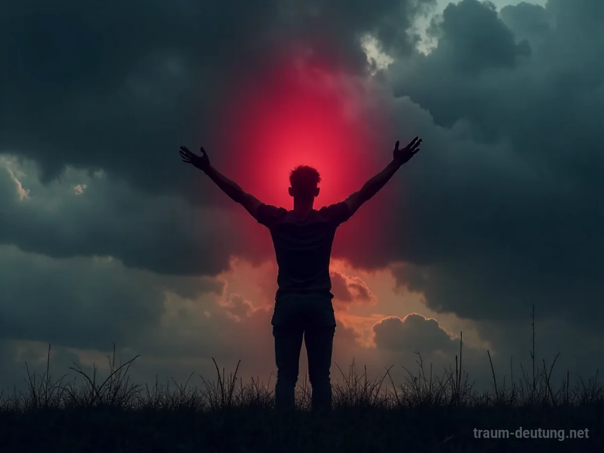 Silhouette einer Person mit erhobenen Armen und rotem Schimmer vor dunklem Himmel.