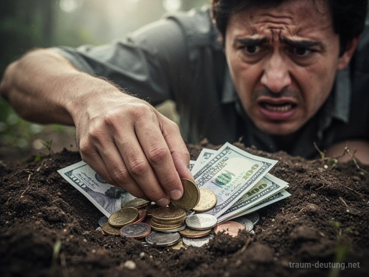 Hand vergräbt Geld im Boden, Fokus auf die Geste des Versteckens.