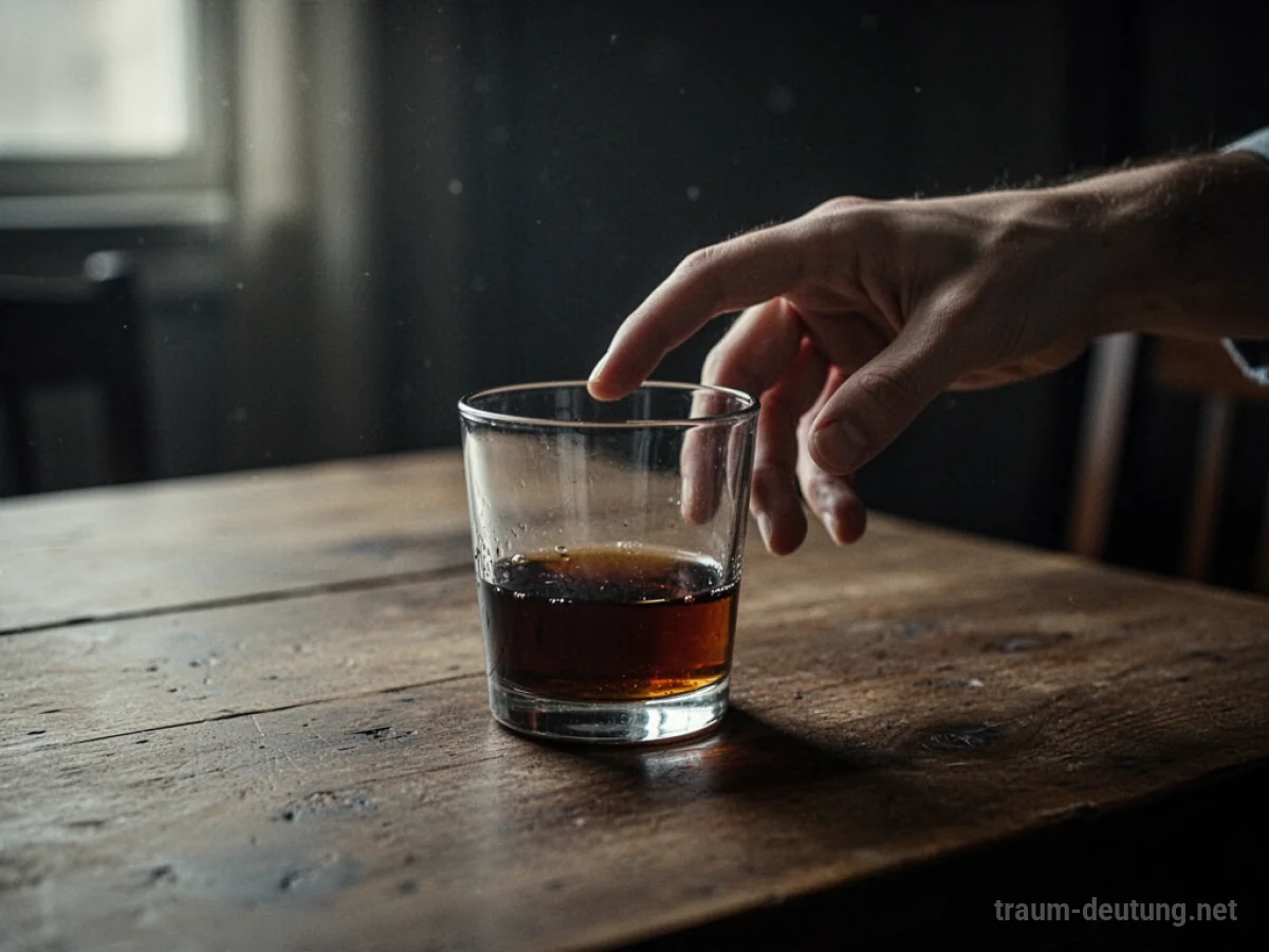 Hand nähert sich einem Glas mit dunkler Flüssigkeit auf einem Tisch