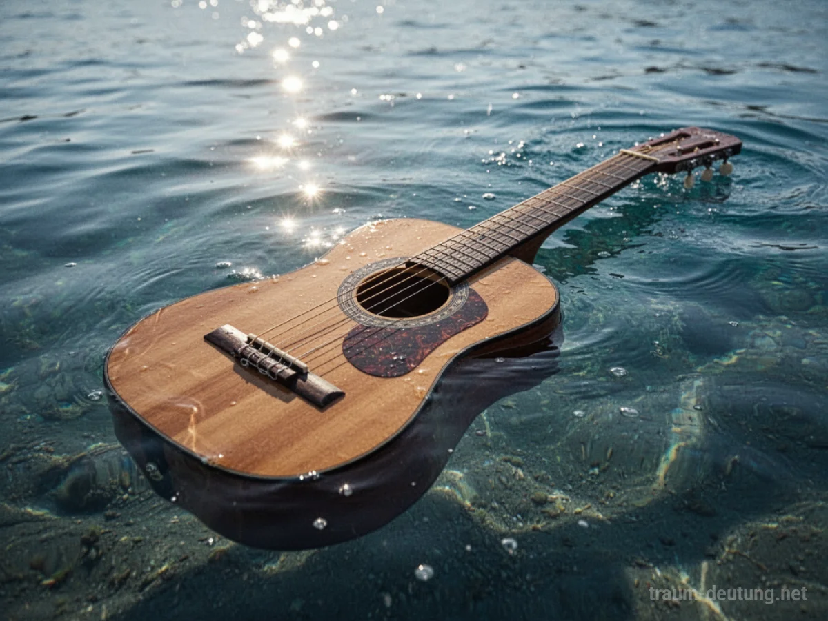 Akustikgitarre ragt aus klarem Wasser, Sonnenlicht spiegelt sich auf der Oberfläche.