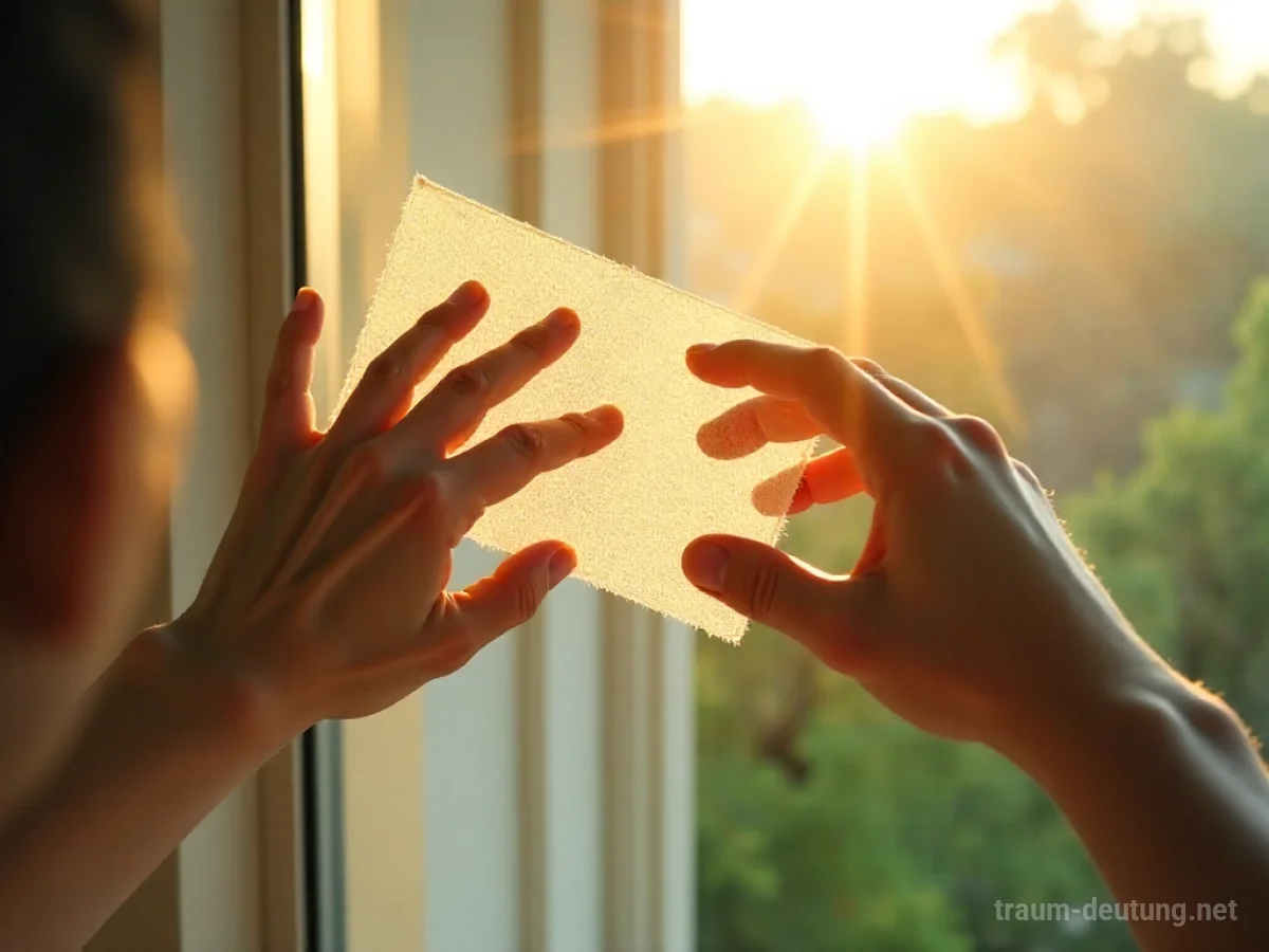 Hände reinigen ein Glasfenster, durch das Sonnenlicht fällt.