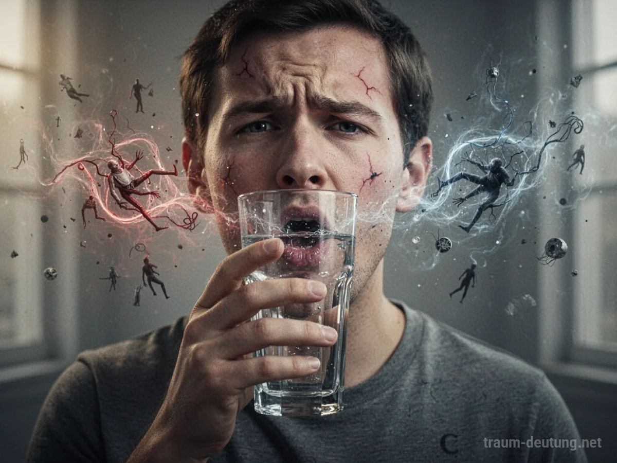 Symbolische Darstellung einer Person, die Glas schluckt, mit angedeuteten inneren Konflikten.
