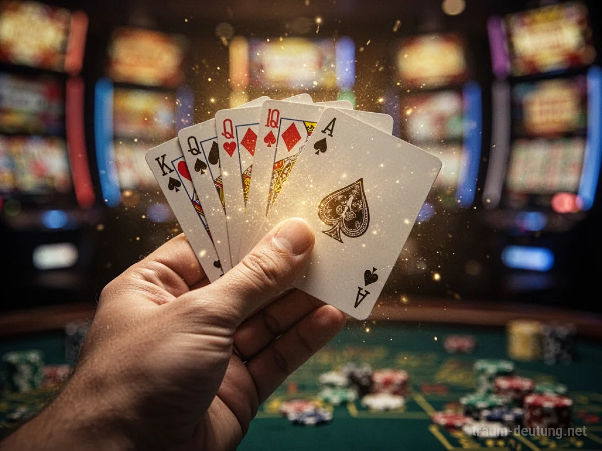 Hand hält Spielkarten mit goldenem Schimmer über unscharfem Casino-Hintergrund