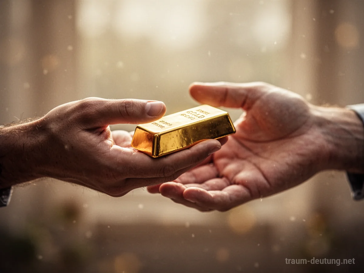 Eine Hand reicht einer anderen Person einen glänzenden Goldbarren als Geschenk.