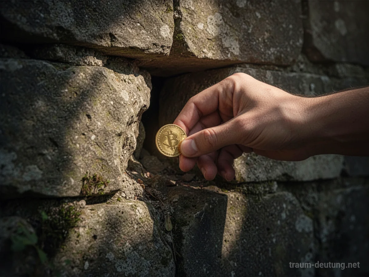 Hand versteckt goldene Münze in einer Steinmauer.