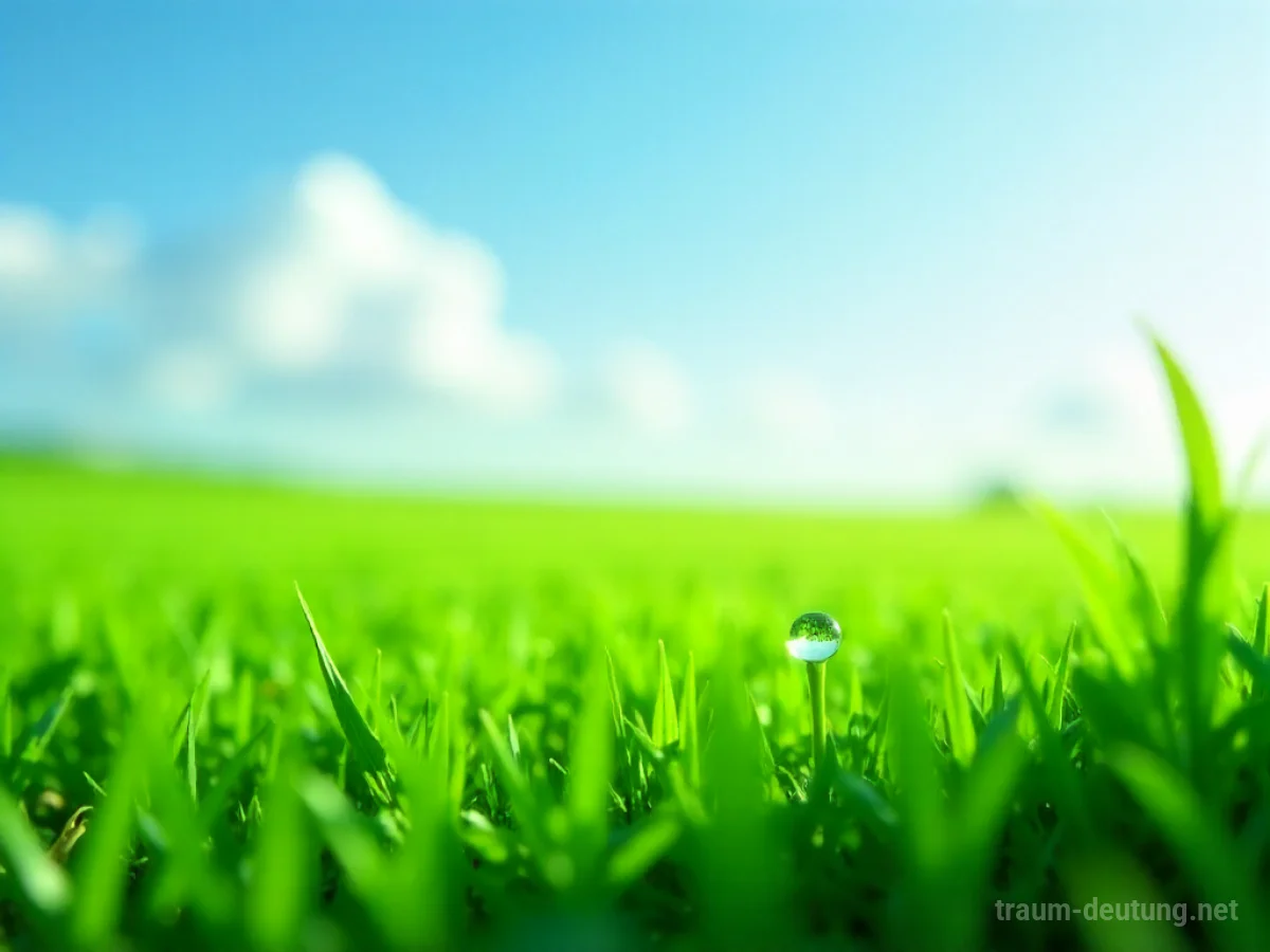 Eine weite grüne Wiese unter blauem Himmel mit einzelnen Grashalmen.