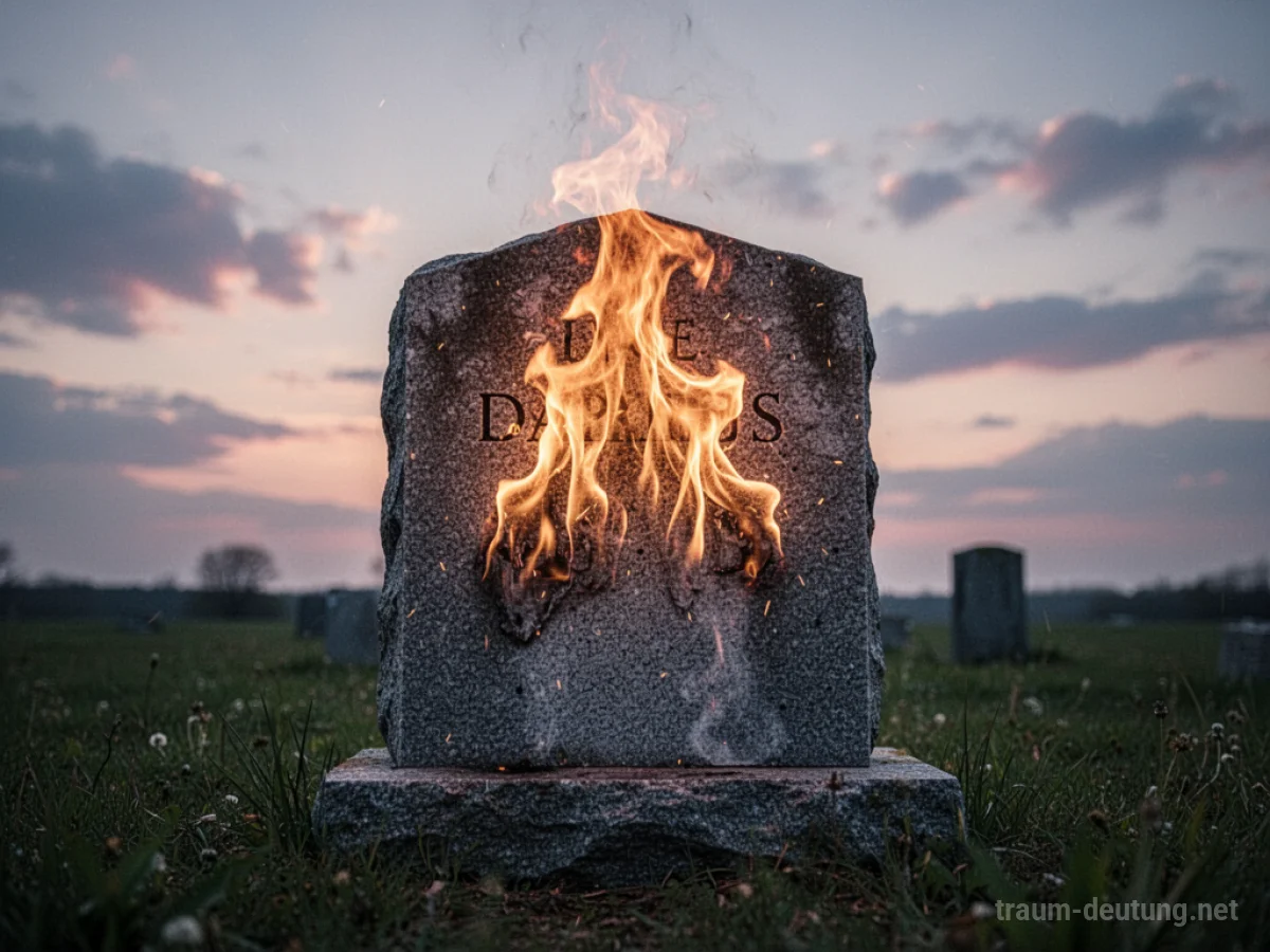 Ein steinernes Grabmal, aus dem sanfte Flammen aufsteigen, im Zwielicht.