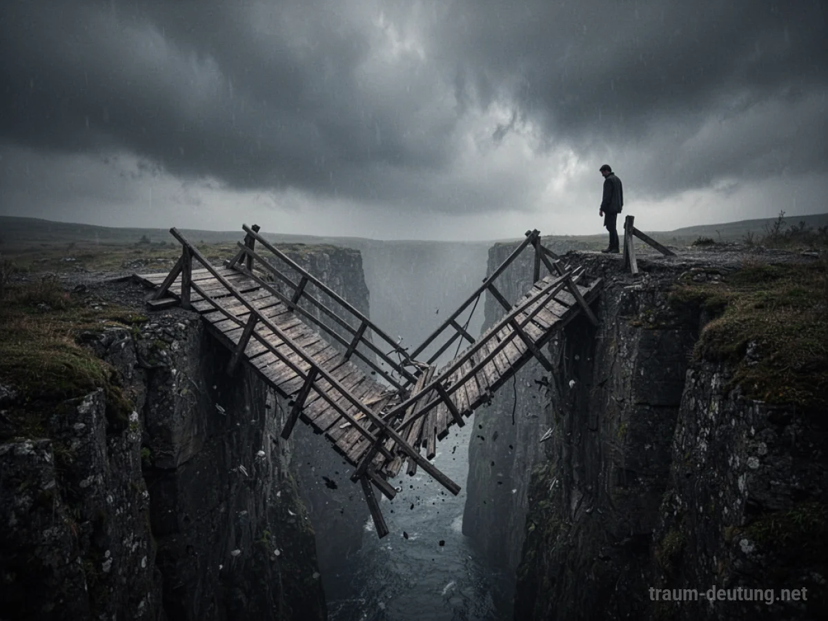 Eine Brücke bricht im Traum ein, der Weg stürzt in die Tiefe.