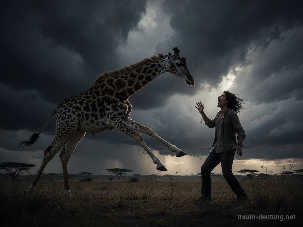 Giraffe greift eine menschliche Silhouette an, bedrohlicher Himmel im Hintergrund
