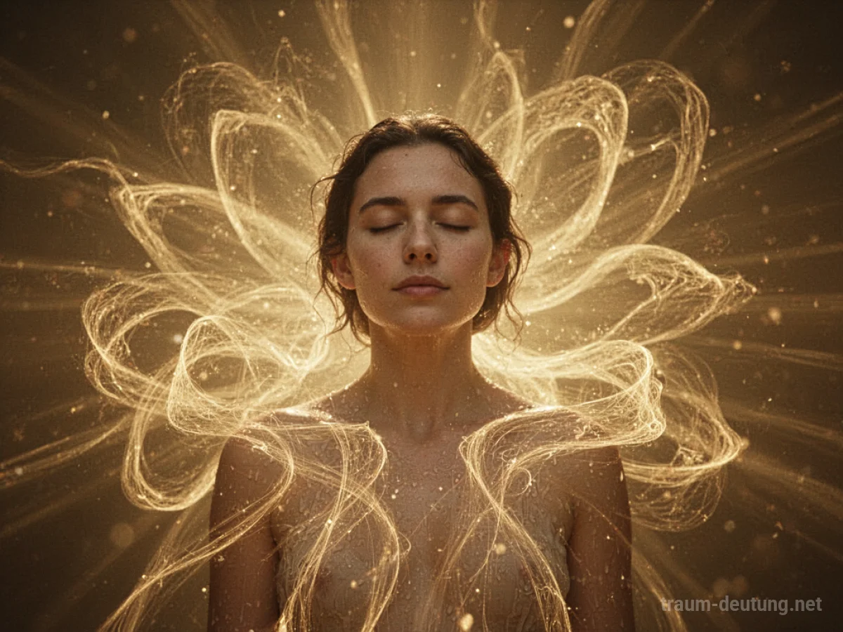 Eine Person, die von strahlendem goldenem Licht umgeben ist, das Glück und inneren Frieden ausstrahlt.