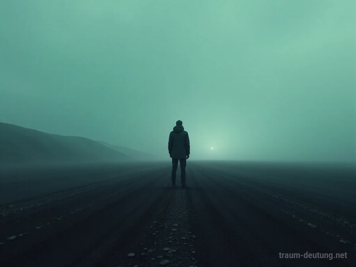Eine einzelne Person steht in einer leeren Landschaft und blickt in die Ferne.