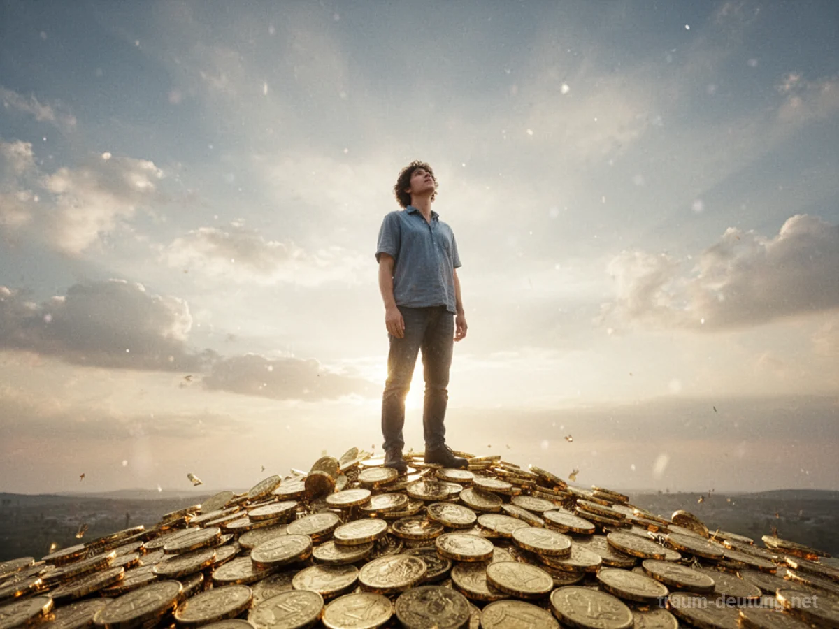 Person steht auf Goldmünzen und blickt hoffnungsvoll zum Himmel.