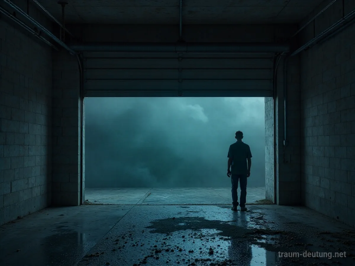 Leerer Raum, wo eine Garage war, mit einer Person, die davor steht