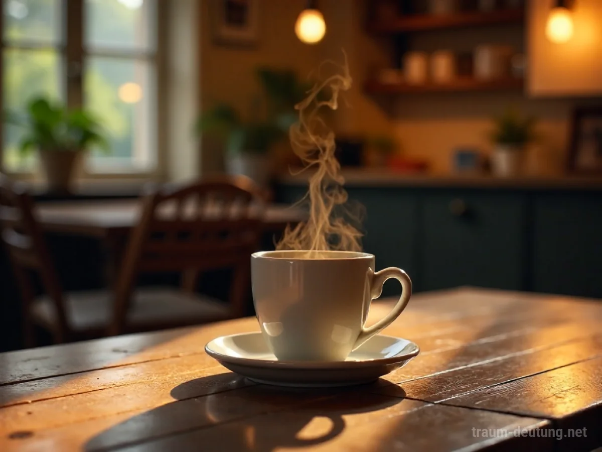 Eine dampfende Tasse Kaffee steht auf einem Holztisch.