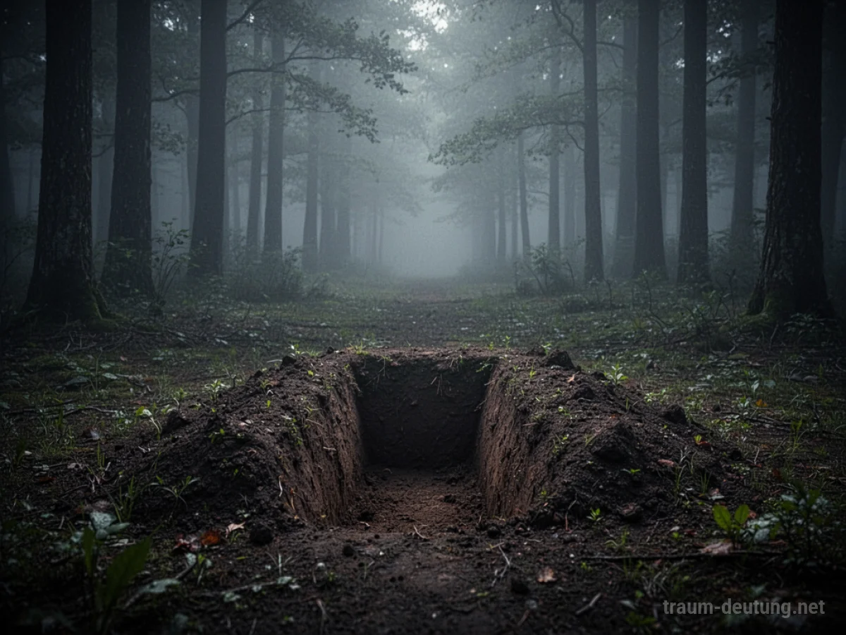 Ein einzelnes, frisch ausgehobenes Grab im Nebel eines Waldes