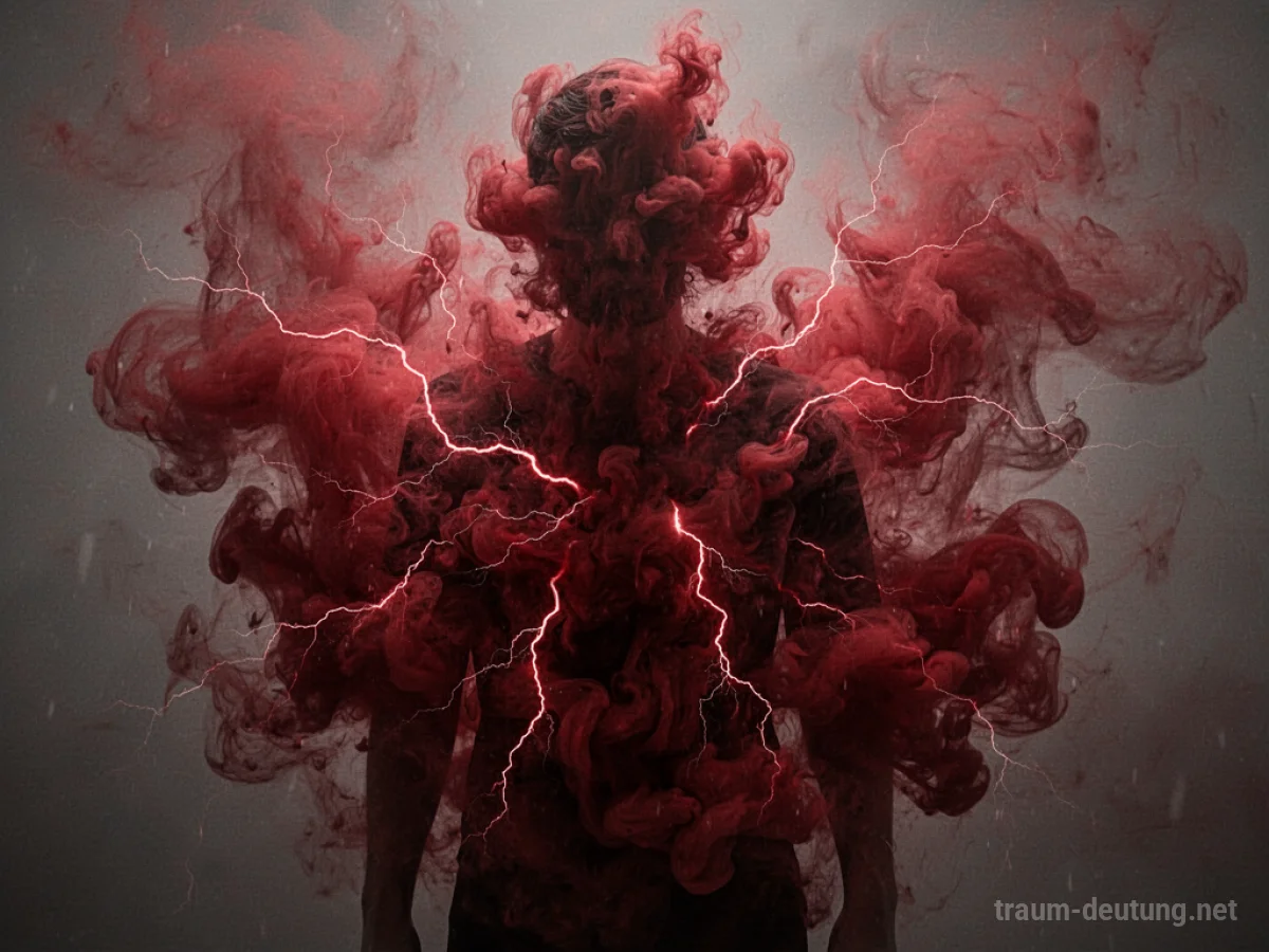 Silhouettenfigur von aufwallender roter Rauchwolke umgeben