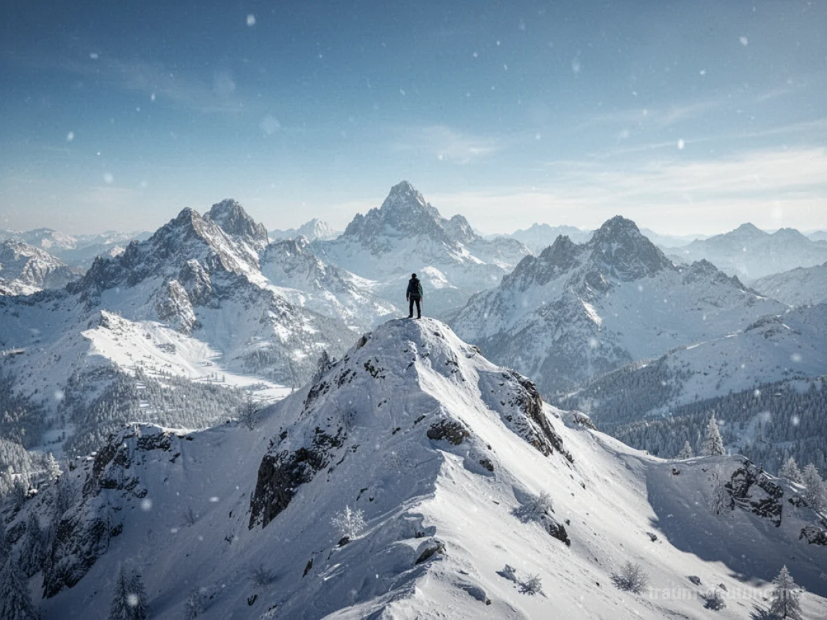 Schnee bedeckte Bergkette mit einer Person auf einem Gipfel im Traum