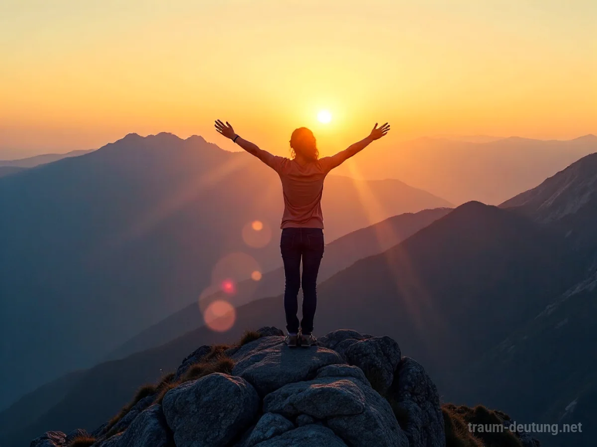 Person fliegt über ein majestätisches Gebirge im Sonnenaufgang.
