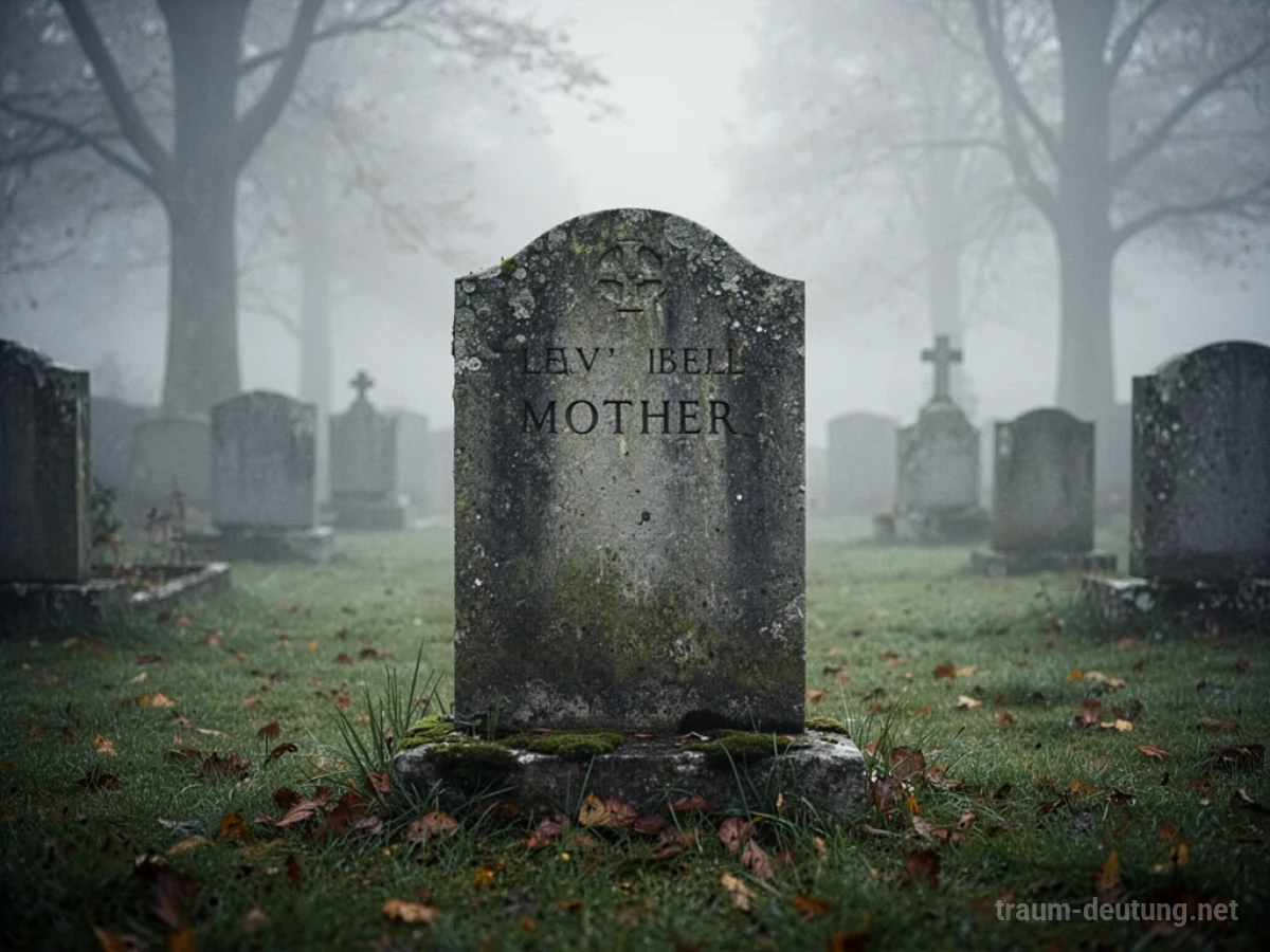 Ein Grabstein einer Mutter in einem nebligen Friedhof.