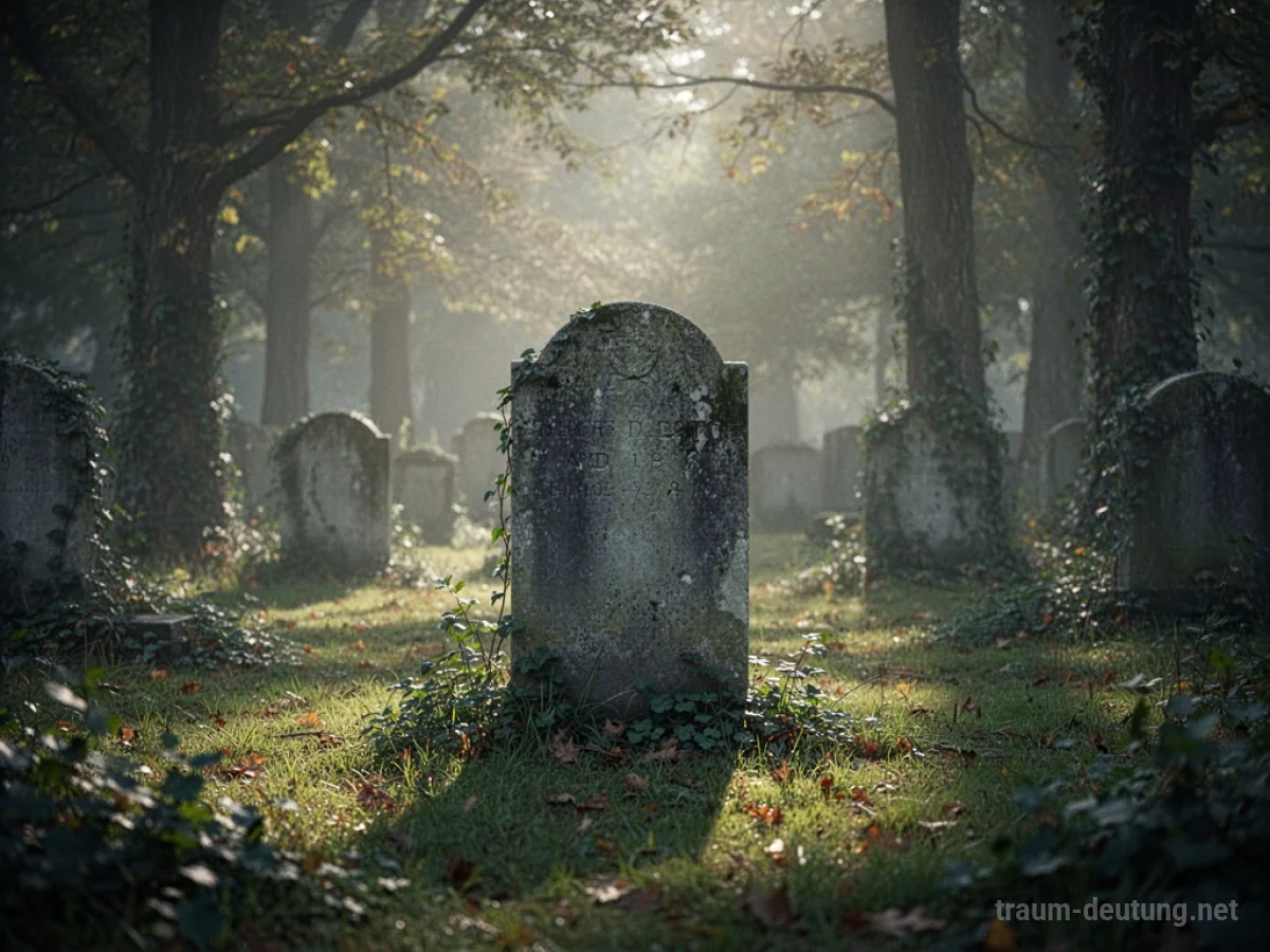 Ein einzelnes Grab auf einem verlassenen Friedhof mit sanftem Licht.