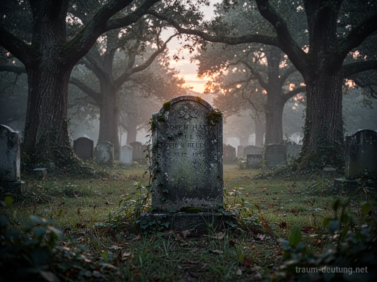 Ein einsames Grab in einem alten Friedhof bei Dämmerung.